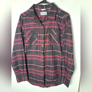 Simms Shirt Women's Button Plaid Burgundy Black Sz M Fishing Outdoor
